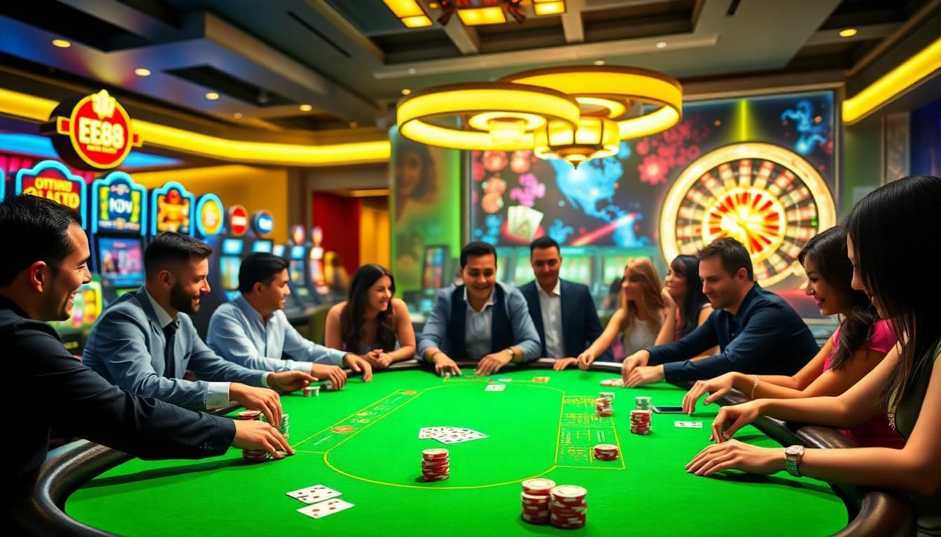 Engaging players at the ee88 casino table, vibrant atmosphere with colorful chips and cards.