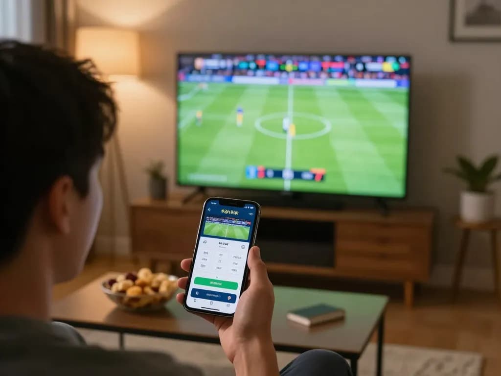 Engaging home sports betting scene showing live tỷ lệ kèo nhà cái on smartphone during an exciting soccer game.