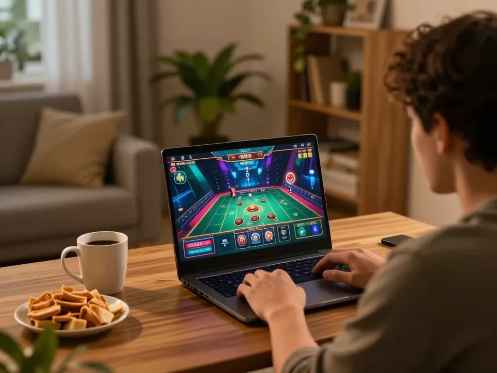 MM88 player engaging with online casino game on laptop at home, showcasing strategic gameplay atmosphere.
