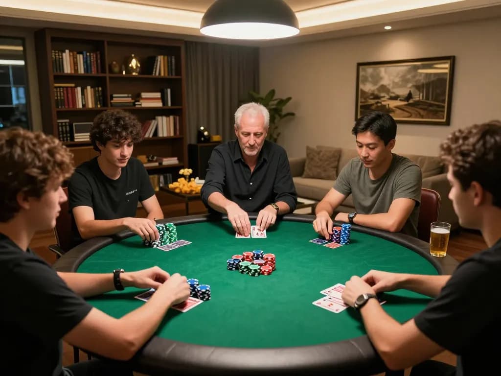 Play poker strategically with friends in a lively Go88 gaming night setting, showcasing vibrant chips.