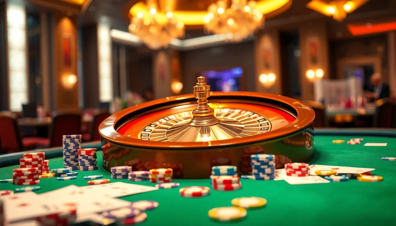 Experience thrilling uu娱乐 gameplay with colorful chips and vibrant cards at an elegant casino.