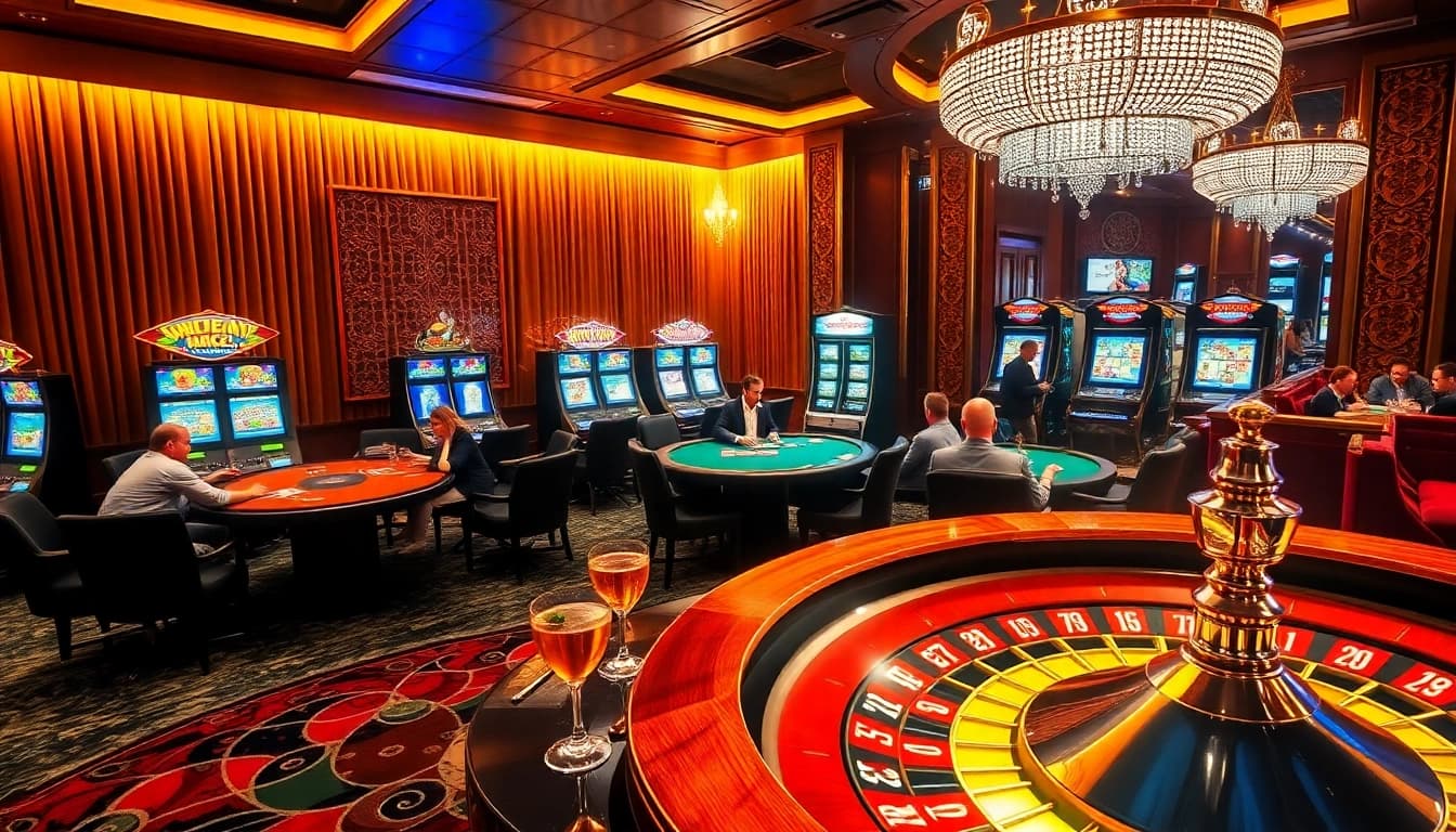 Players enjoying a luxurious casino experience at NK88 with vibrant games and energetic atmosphere.