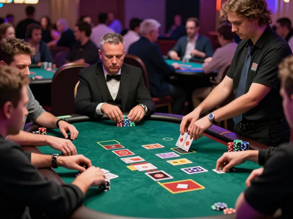 Players engaging at a poker table at 45678 casino, showcasing vibrant gameplay and strategic decisions.
