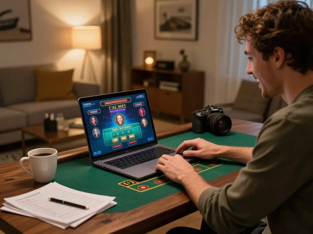 Gambling online at https://tr88k.com/ with a sleek laptop showcasing live dealer game action in a cozy home setting.