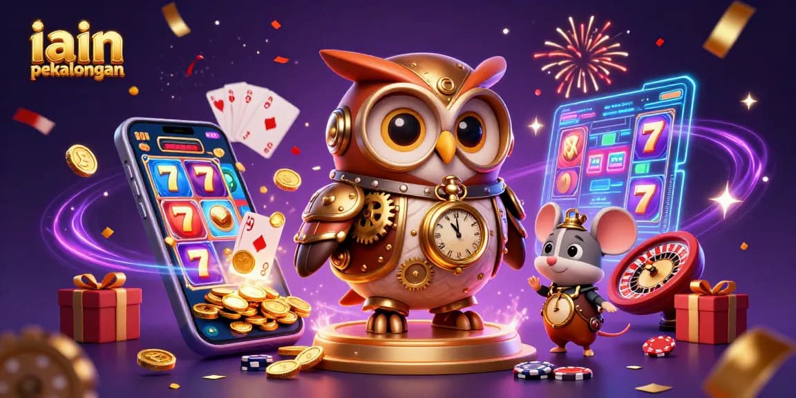 Spin the reels at iain pekalongan's colorful slot game, featuring an owl in steampunk gear.
