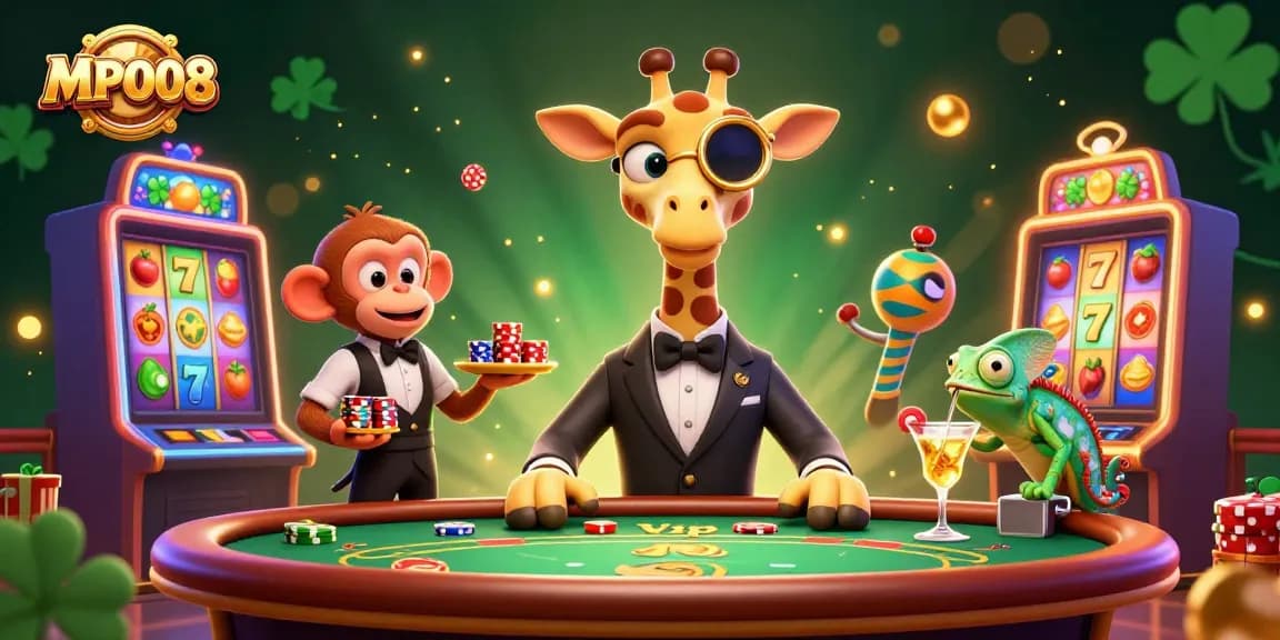 Engage with the vibrant excitement of MPO08 at the casino featuring high-roller giraffe and playful monkey valet.