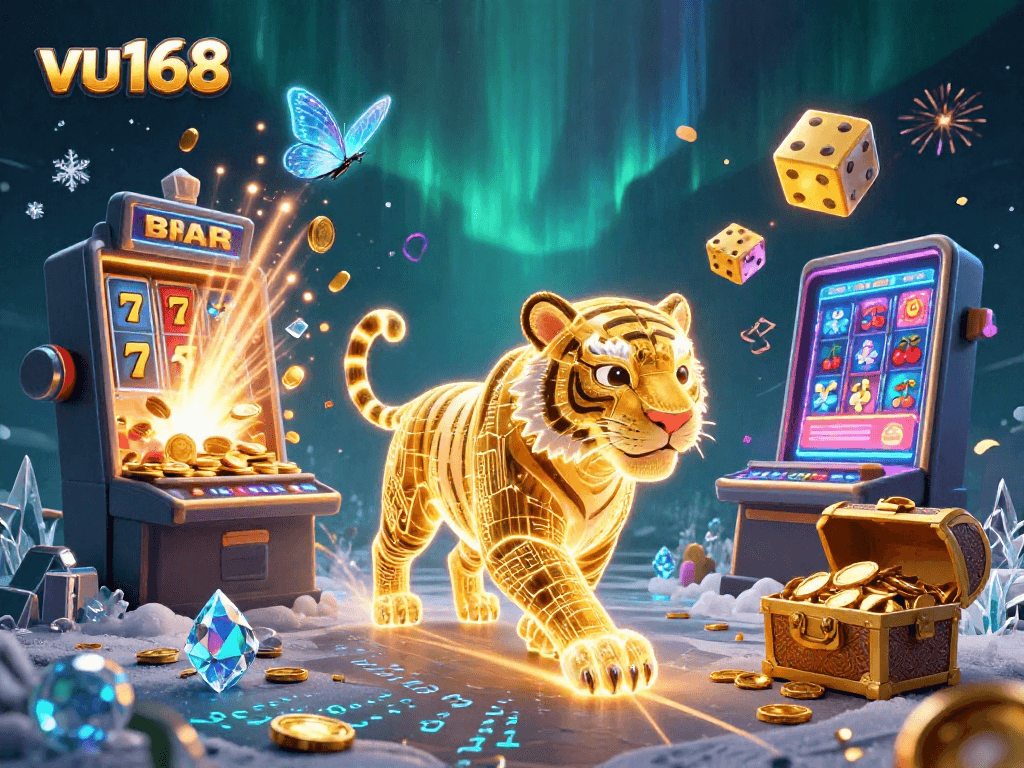Experience exciting wins at vu168 as a golden tiger explores a vibrant digital casino landscape of games and jackpots.