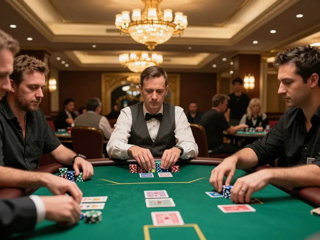Gambler analyzing cards and bets at a high-stakes game showcasing slot dewa excitement and strategy