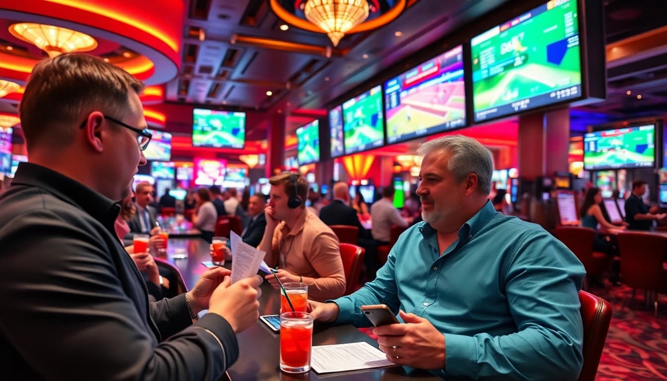 Engaging in sports betting Malaysia amid an exciting casino atmosphere with bettors analyzing games.