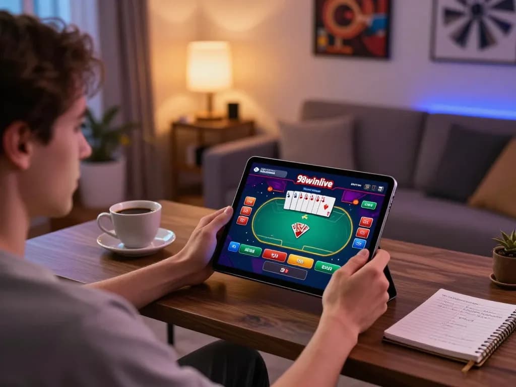 Engaging with the 98winlive casino app on a tablet in a cozy home office, showcasing betting strategy.