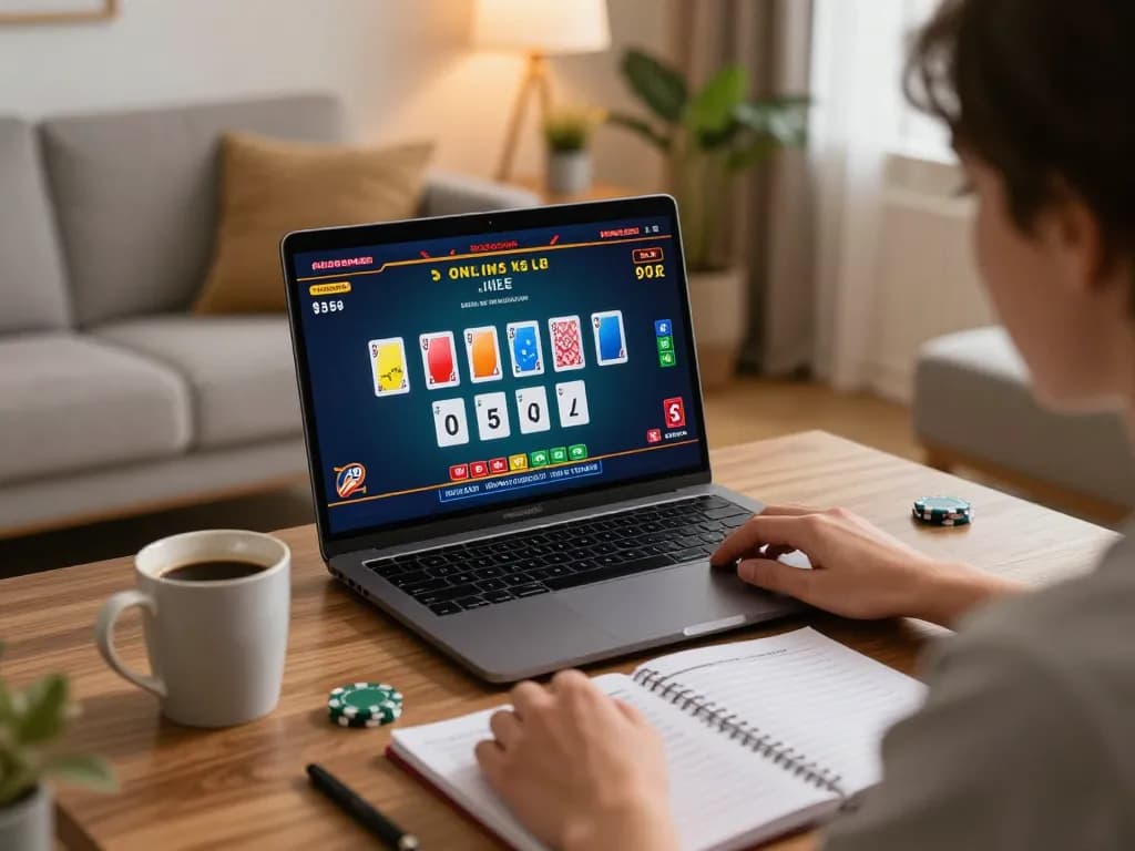 Player engaged in an rr88 online live dealer game at home, showcasing vibrant gaming interface.