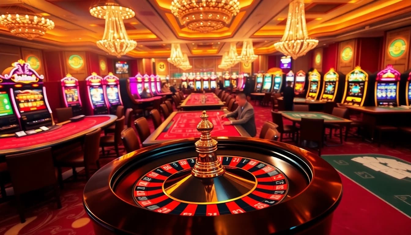 Players enjoying a thrilling online casino experience with pg88, featuring vibrant gaming tables and slot machines.