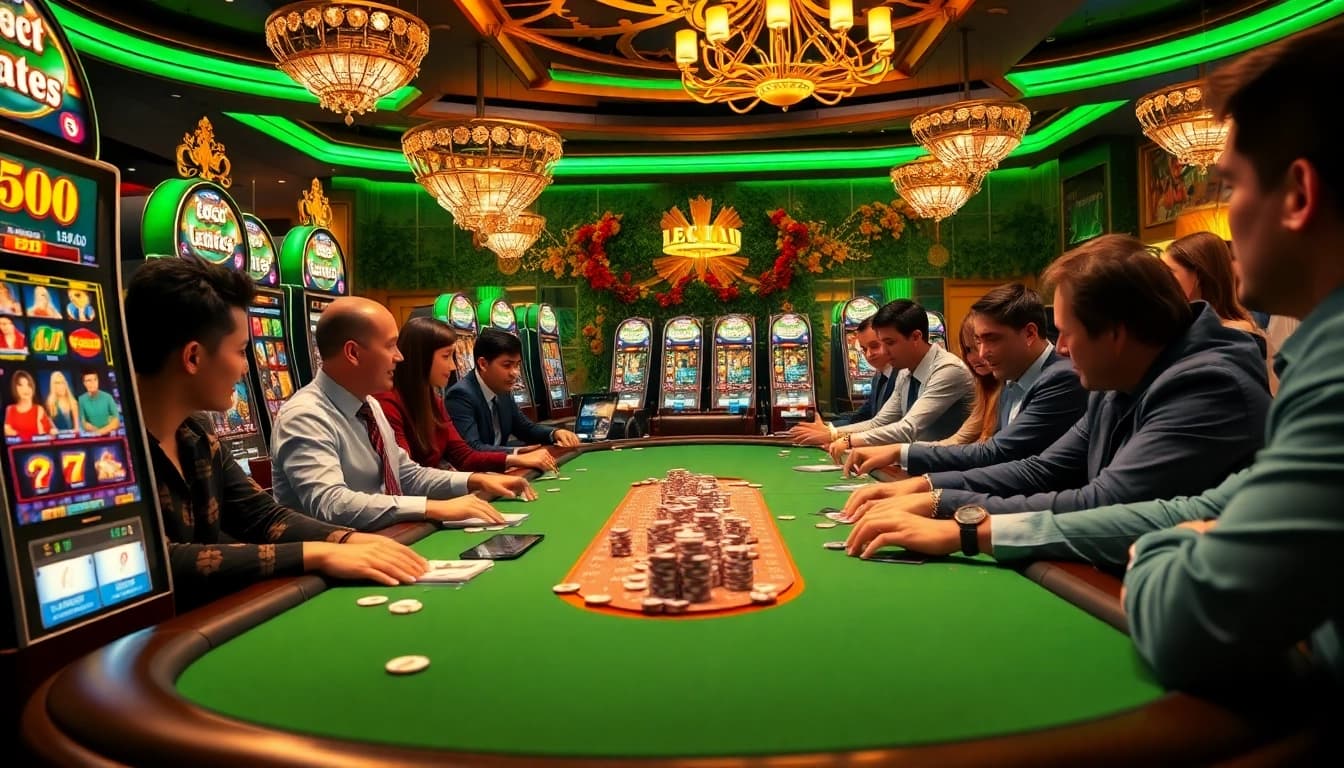 Excited players strategizing with leci123 slot machines in a luxurious casino environment.
