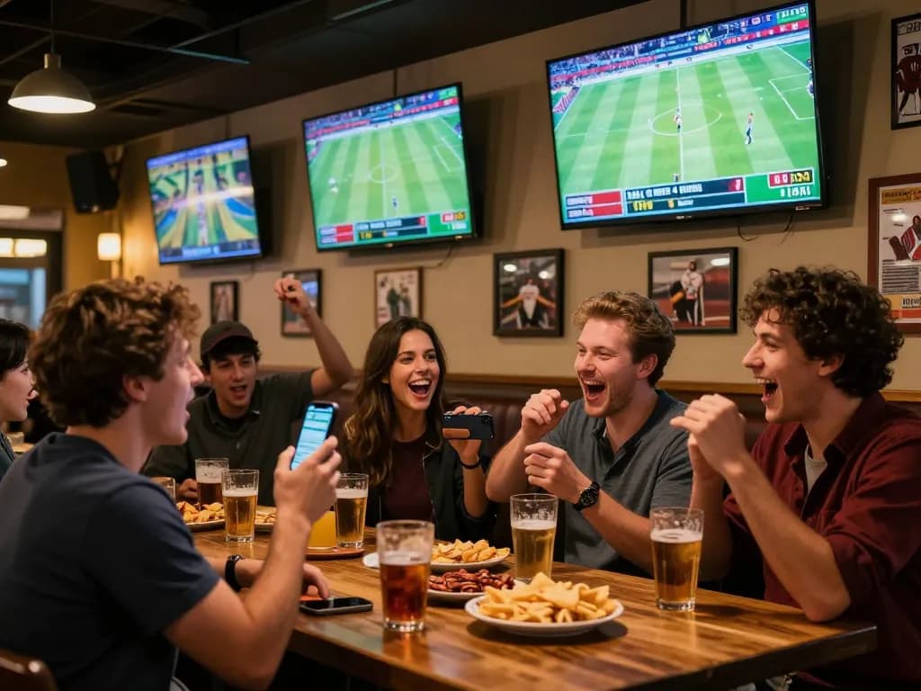 Tỷ lệ kèo nhà cái 5 enhances sports betting excitement at a lively sports bar with fans cheering and screens displaying odds