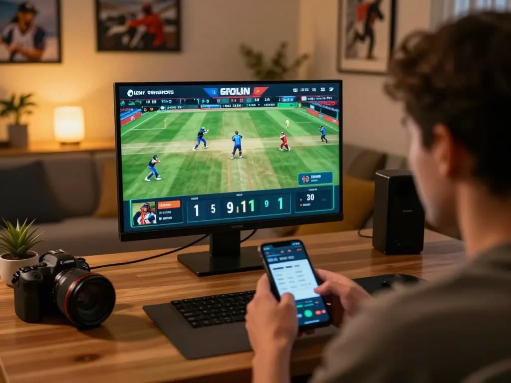Player enjoying cricket betting on BK33 mobile app in a cozy home setup.