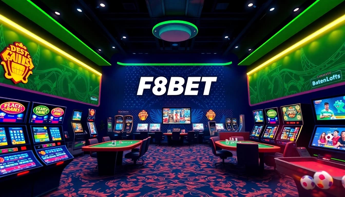 Exciting promotional design for F8BET online gambling showcasing games and sports betting opportunities.