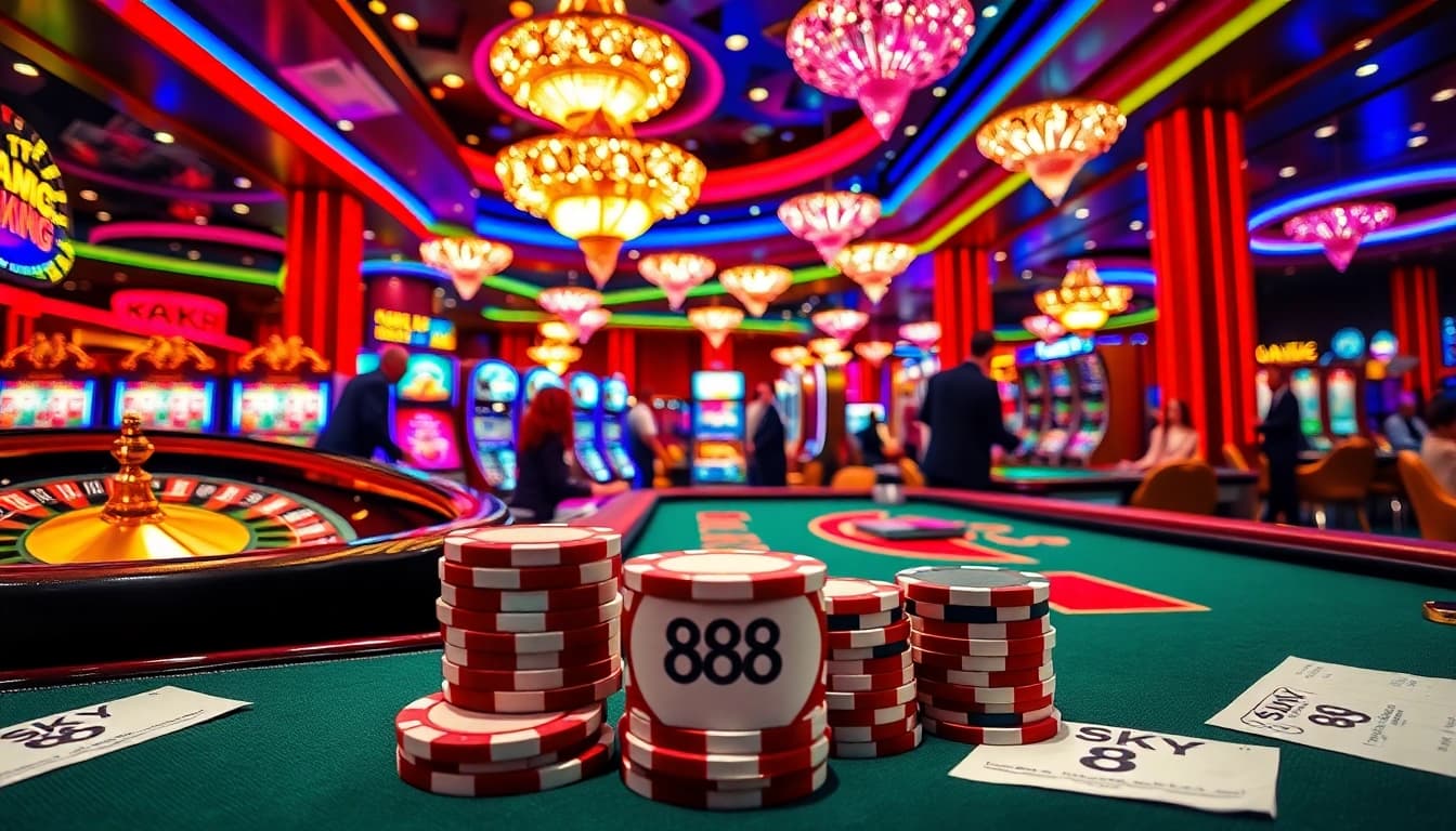 Engaged players enjoying thrilling games at Sky 88 casino with vibrant slots and poker tables.