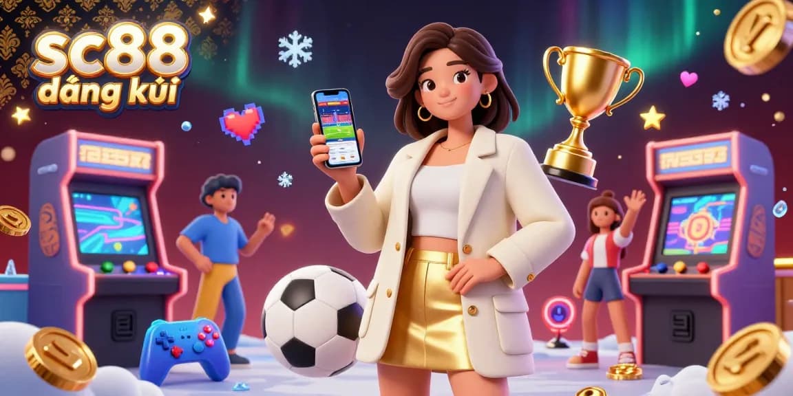 Experience sc88 đăng ký with an engaging digital illustration showcasing sports betting and arcade elements.