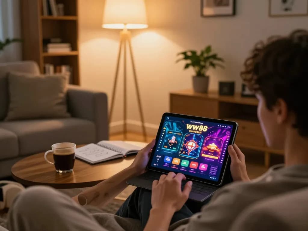 Player enjoying exciting games on ww88 app in a cozy living room setup
