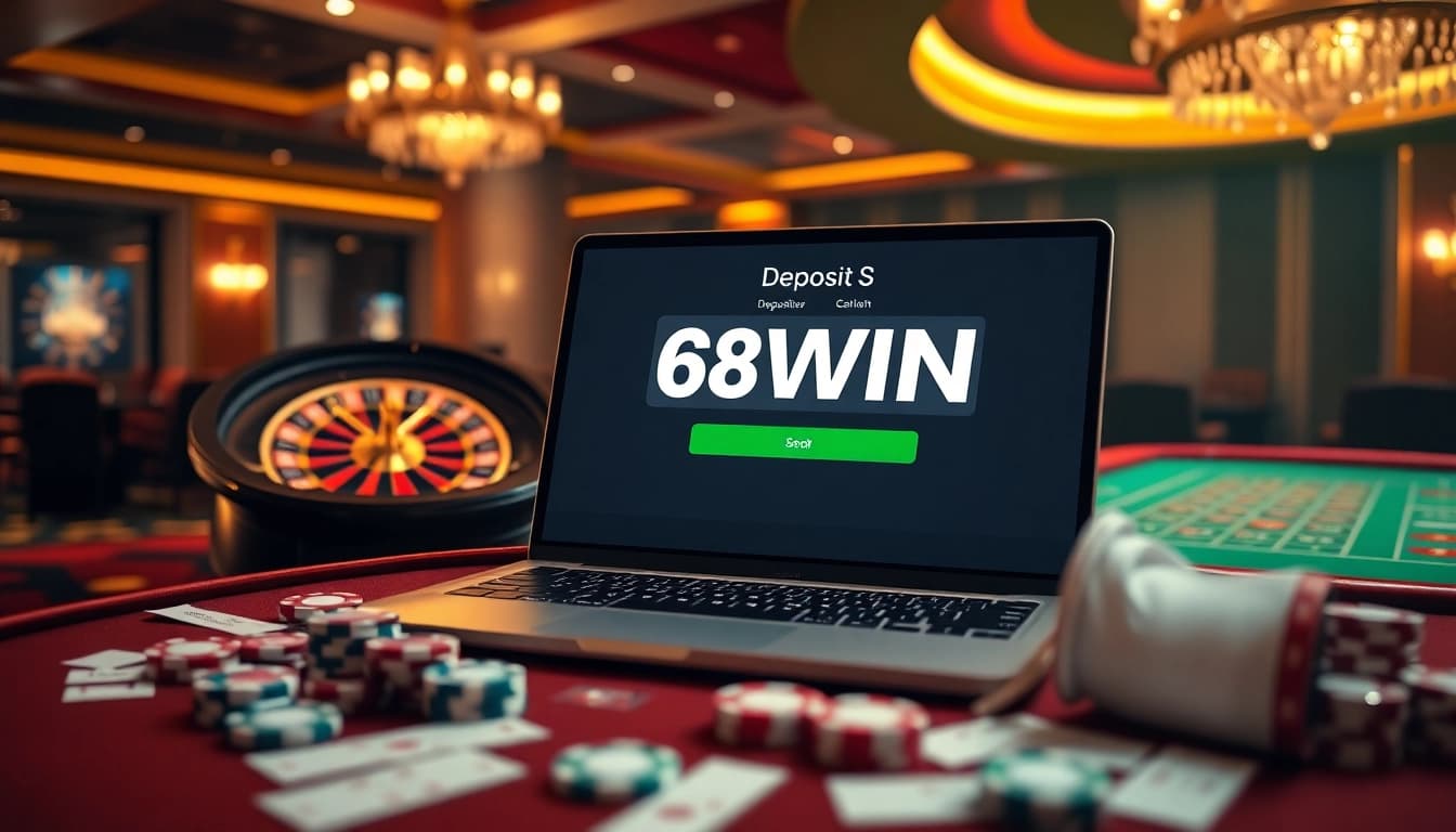 Nạp tiền 68win interface showing a seamless deposit process amidst a luxurious casino backdrop.