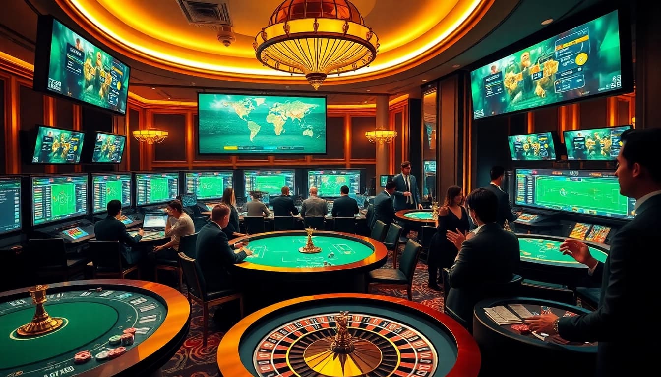 Engaged gamblers participate in Judi Piala Dunia action surrounded by luxurious casino elements.