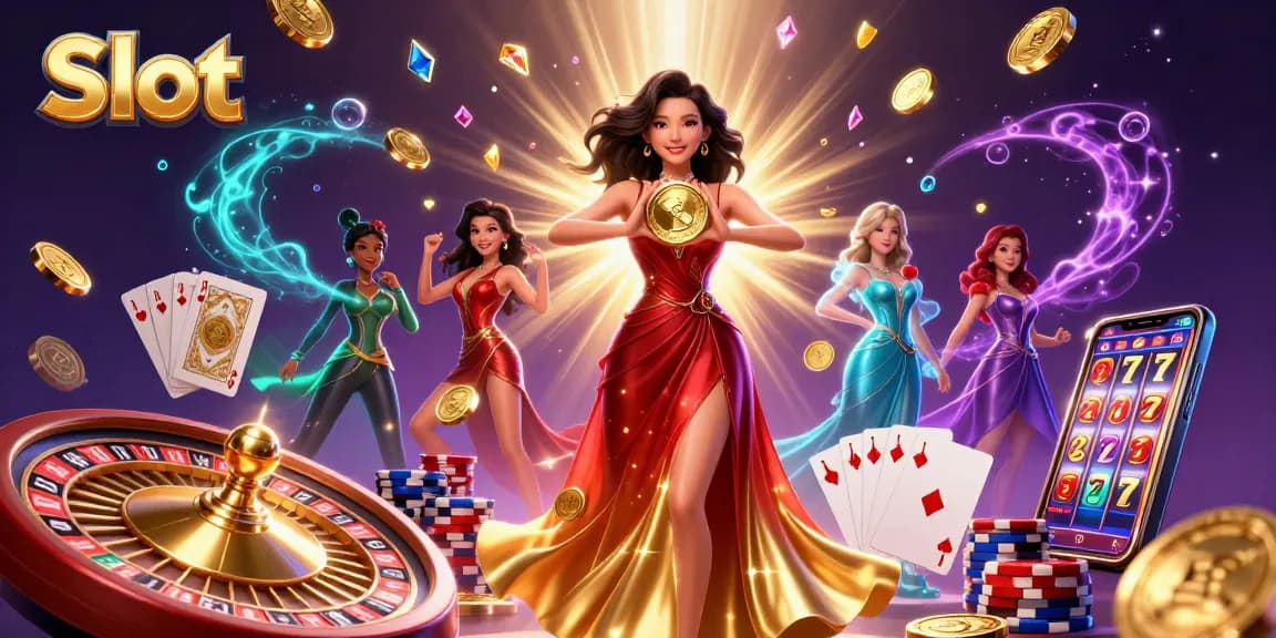 Experience thrilling Slot gameplay with a glamorous Asian woman holding a golden coin amidst sparkling gems.
