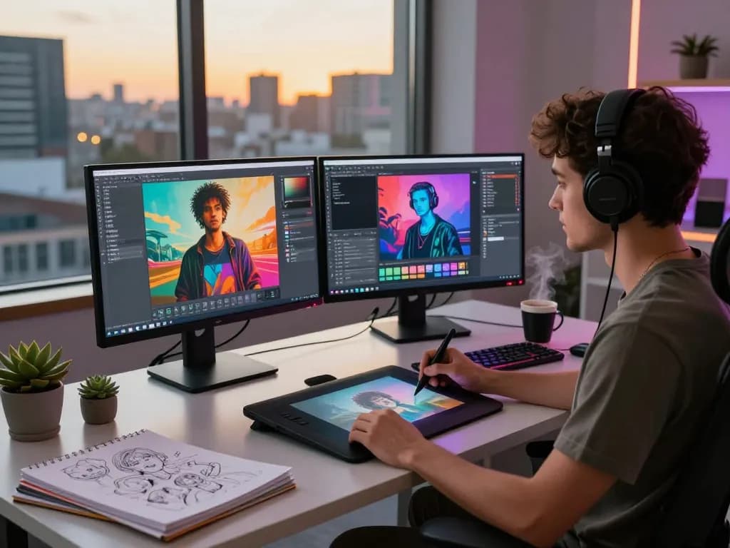 Creative artist generating ai nsfw images in a vibrant studio.