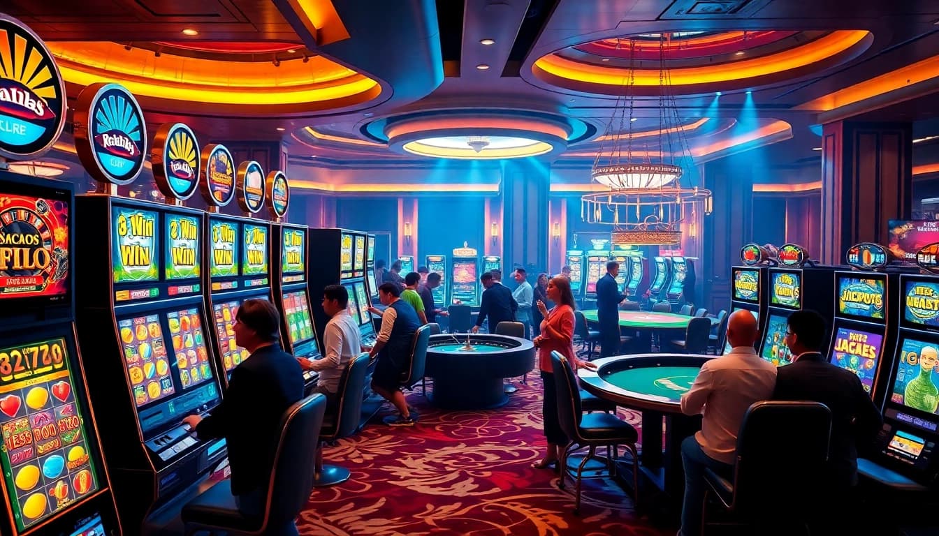 Playing Slot Online with exciting jackpots at a luxury casino, featuring vibrant slot machines.