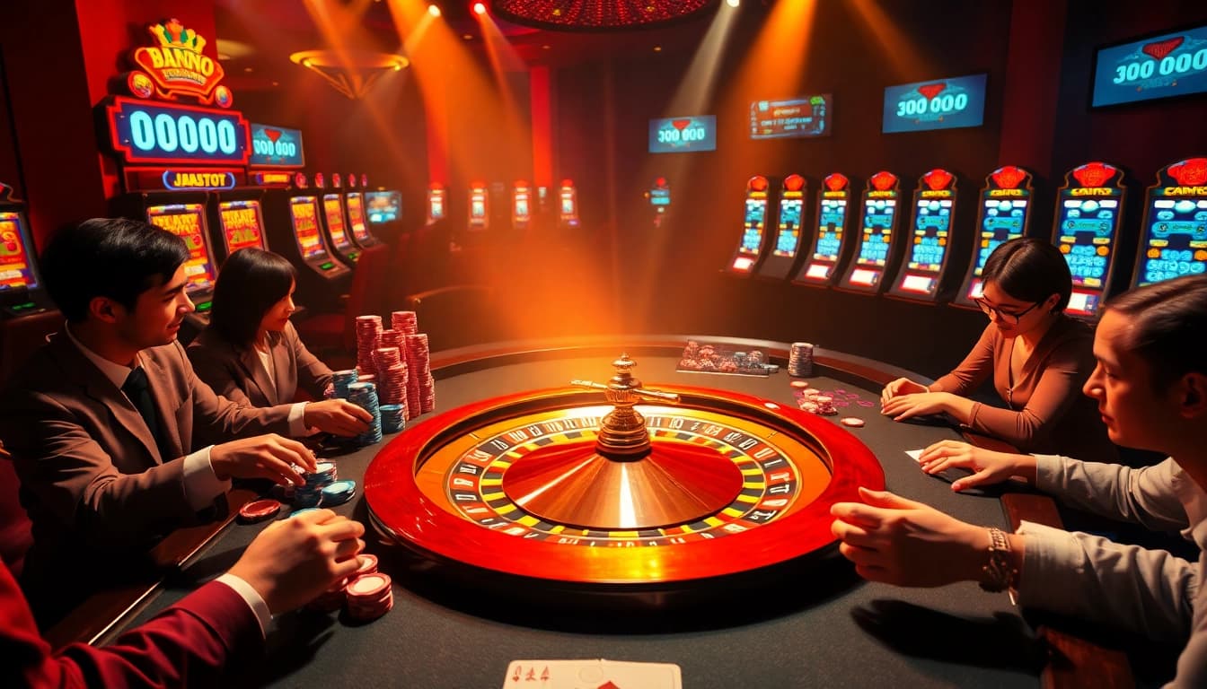 Adegan kasino yang menarik menampilkan JPTOTO dengan permainan roulette dan poker yang berwarna-warni.