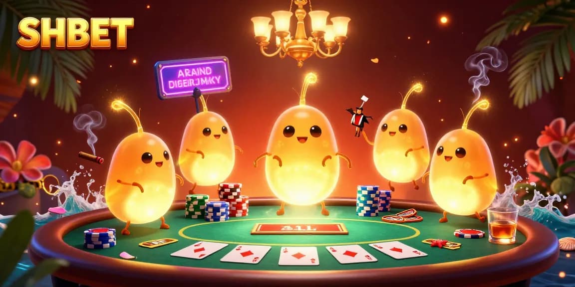 Experience SHBET's vibrant casino ambiance featuring glowworms and a bat dealer in a stunning 3D illustration.