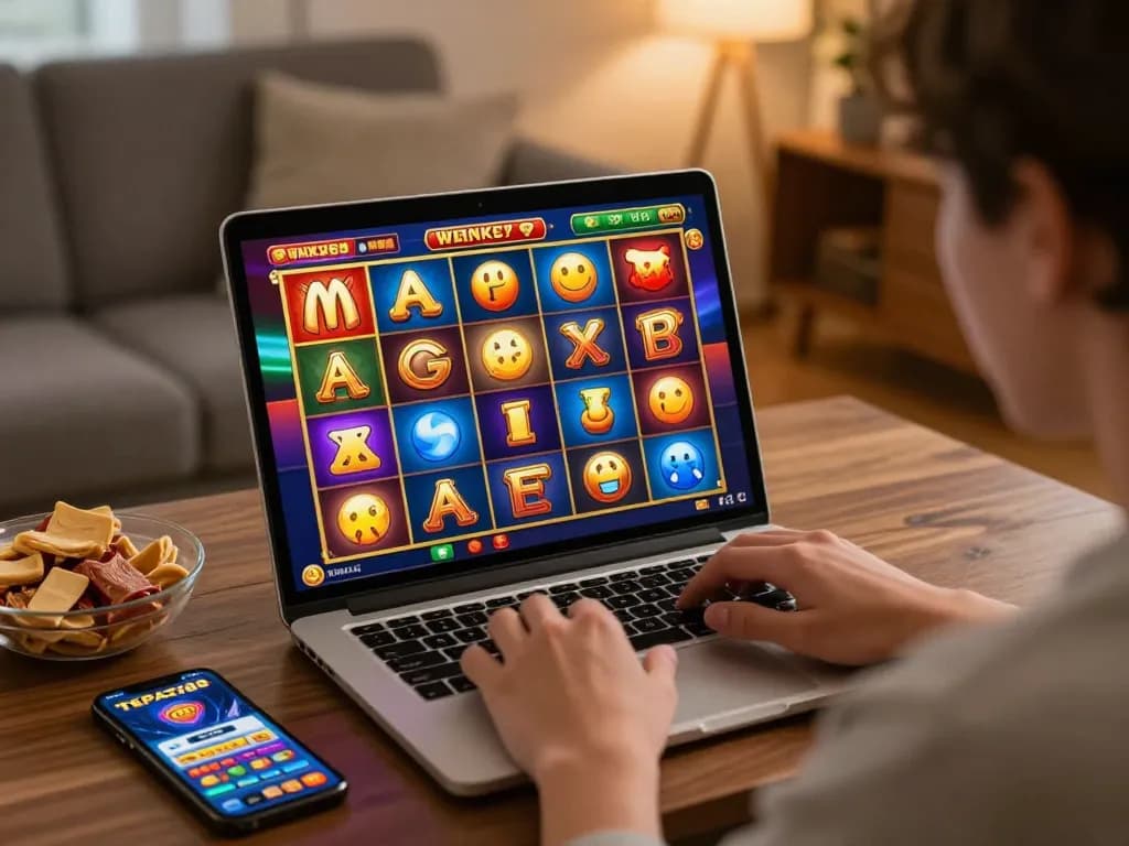 Pemain menikmati permainan slot online TEPAT88 di laptop, menampilkan gulungan yang cerah dan suasana rumah yang santai.