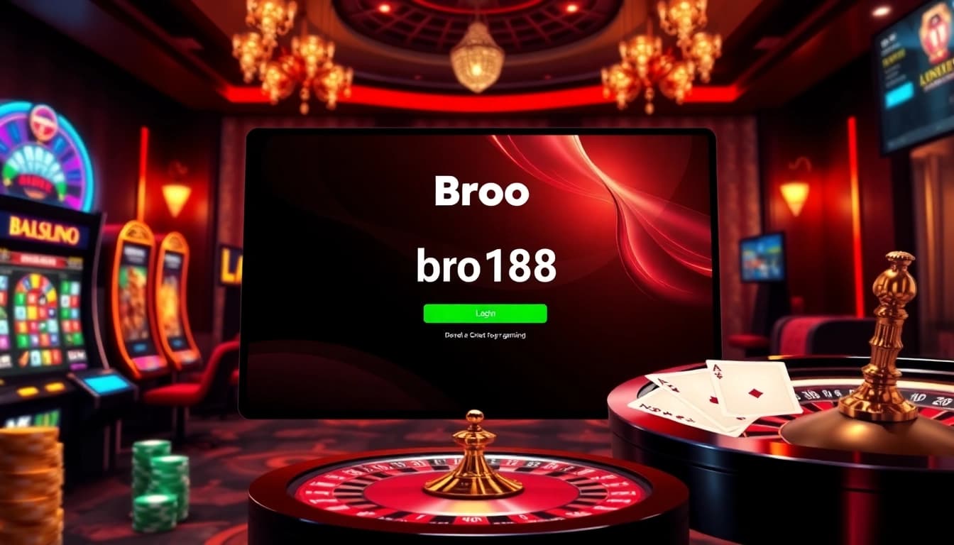 Engage with the thrilling bro138 login at a vibrant online casino featuring poker chips and slot machines.