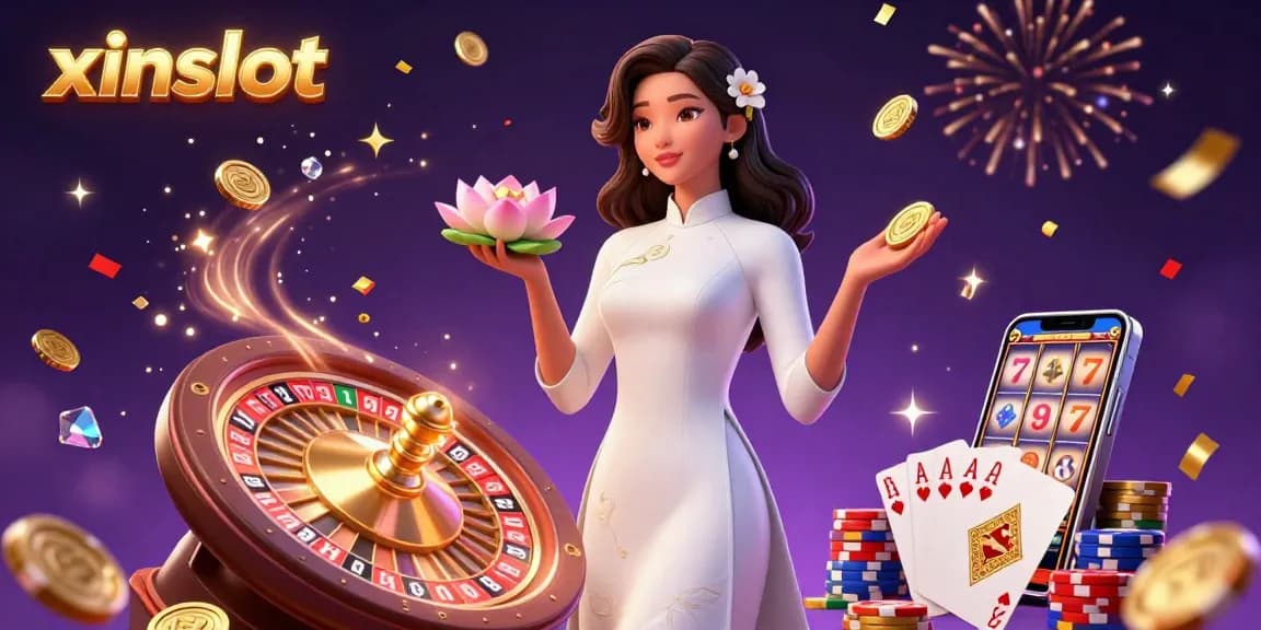 XINSLOT offers thrilling gaming experiences with elegant characters amidst cascading coins and vibrant casino elements.
