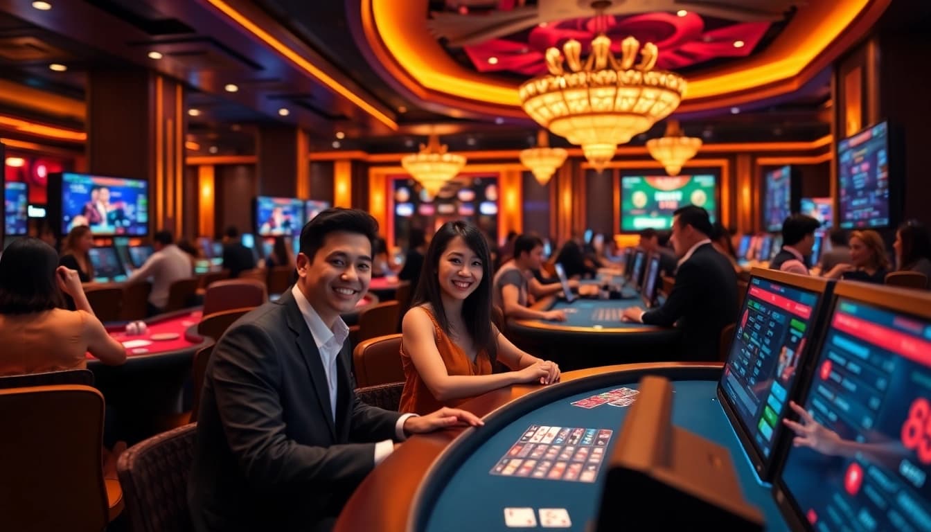 Exciting scene from https://69vn.day/ showcasing players enjoying online casino games in a vibrant setting.