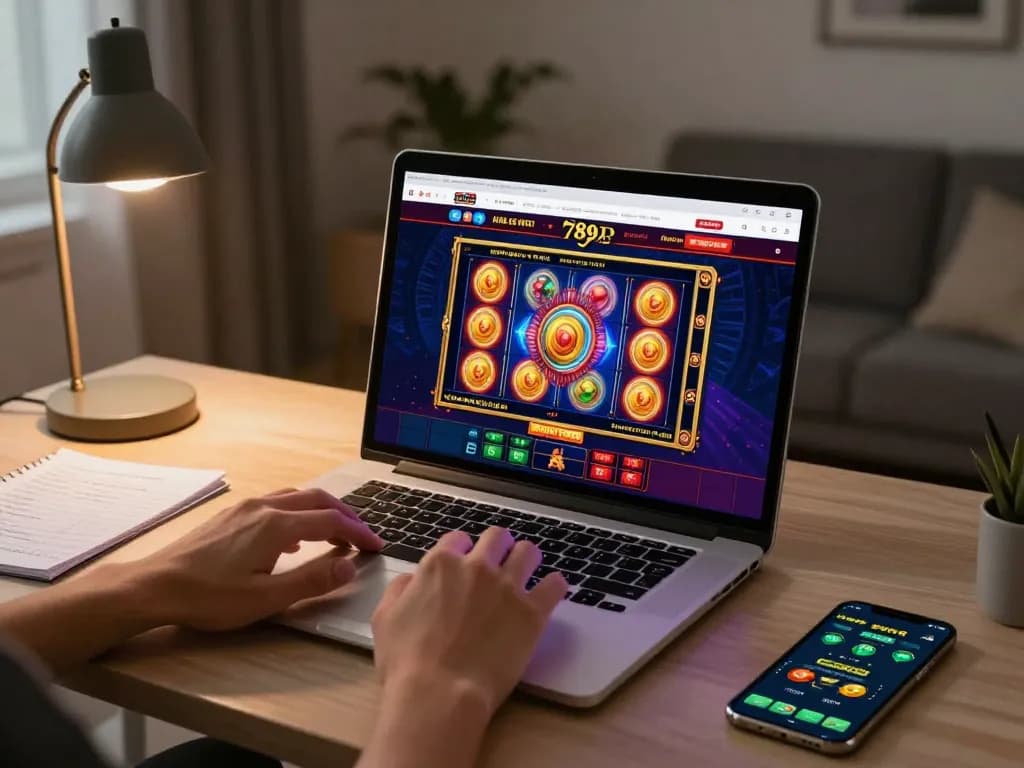 Engaging with 789P slot games on a stylish laptop at home, creating an immersive online gambling experience.