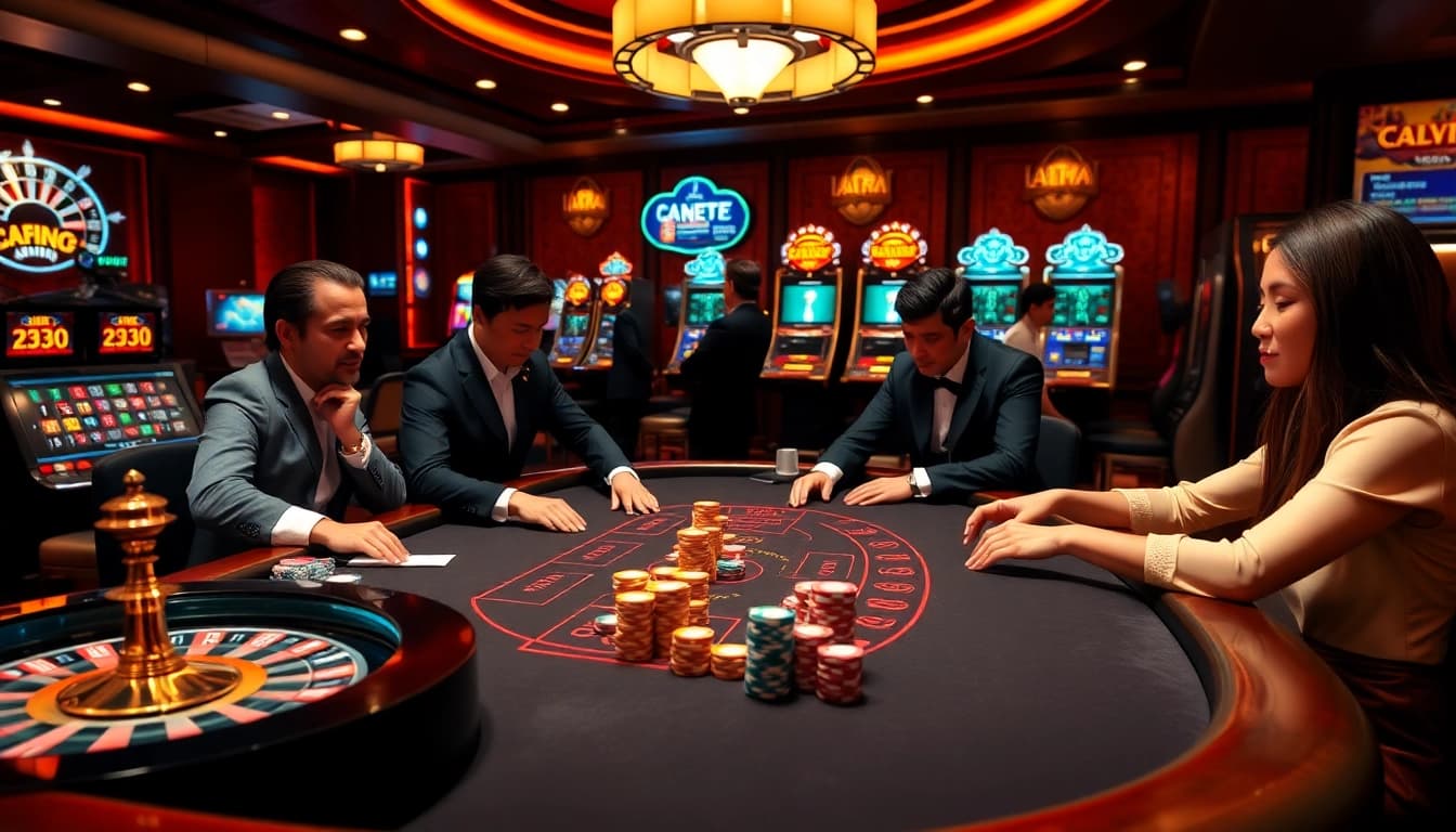 Exciting casino scene depicting players at a poker table, showcasing game bài đổi thưởng uy tín and vibrant gambling elements.