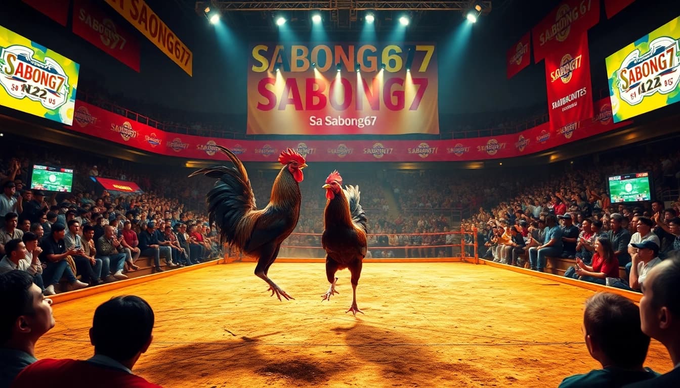 Exciting live cockfighting at Sabong67, showcasing dagatructiep 1 with vibrant atmosphere and roosters in action.