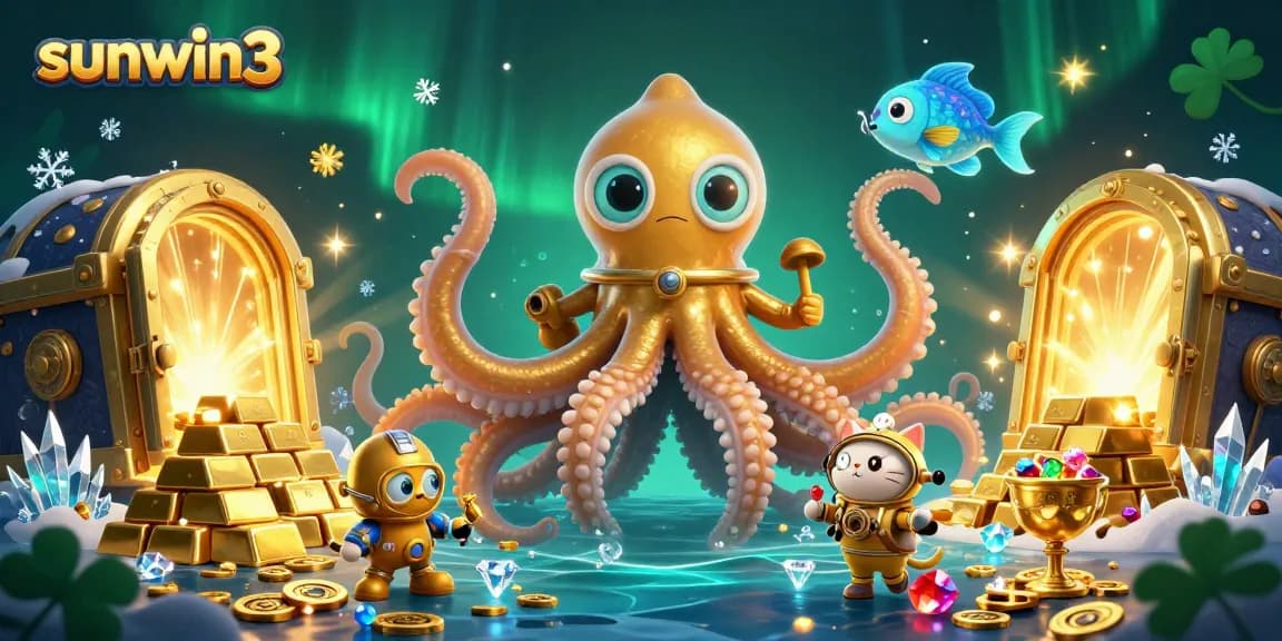 Experience thrilling gameplay with sunwin3, featuring a kraken, diving cat, and treasures in this vibrant digital scene.