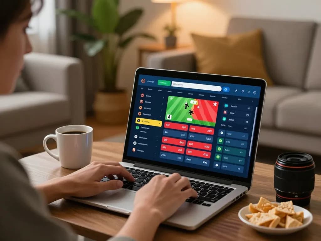 Person engaging in sports betting on HUBET using a laptop in a cozy home setting