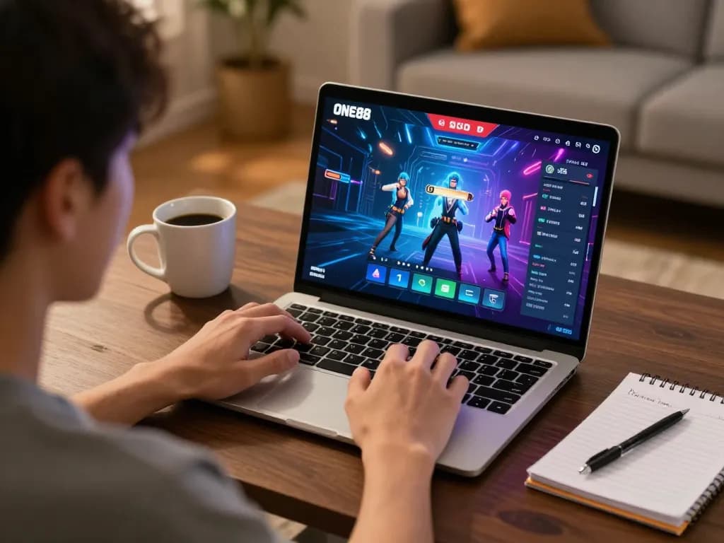ONE88 user enjoying an online casino gaming session at home, showcasing a strategic approach.