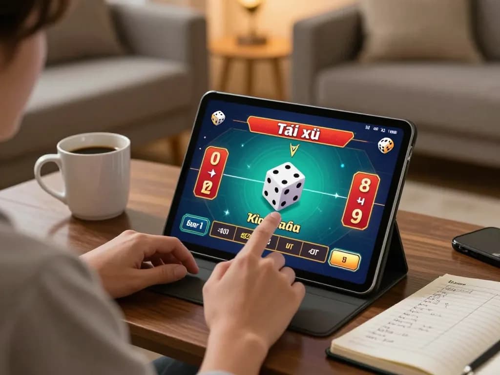 Tài xỉu online gameplay displayed on a tablet, player focused on betting strategies in a cozy setting.