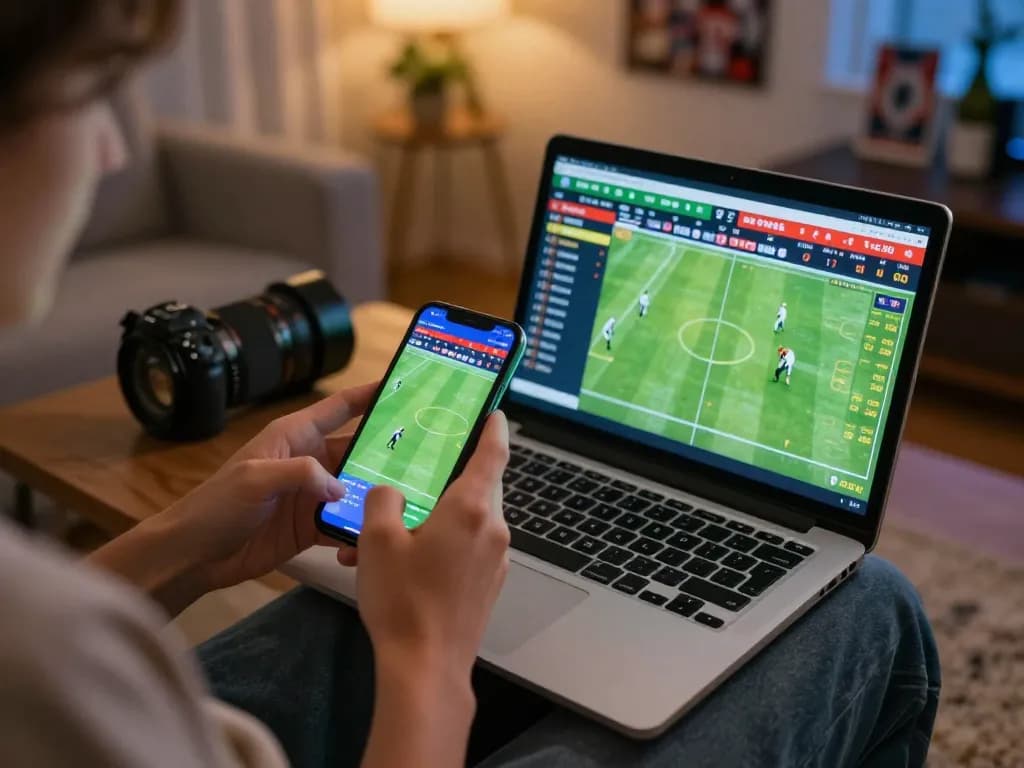 Engaging in soi kèo live betting on football matches through smartphone in a cozy home setting