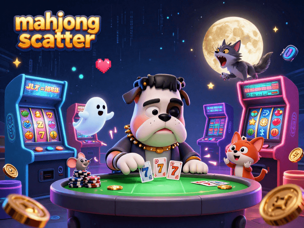 Engage with mahjong scatter in a vibrant casino scene featuring a cartoon bulldog monster dealing cards.