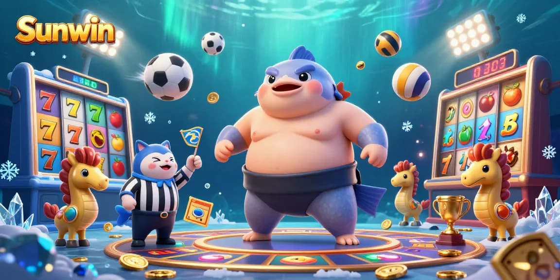 Sunwin slot games excitement featuring a dynamic underwater theme with a colorful fugu and whimsical characters.