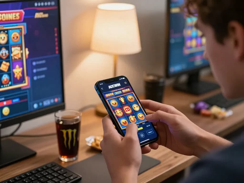 Berinteraksi dengan aplikasi AGCWIN di smartphone, menampilkan slot yang cerah di ruang permainan yang nyaman.