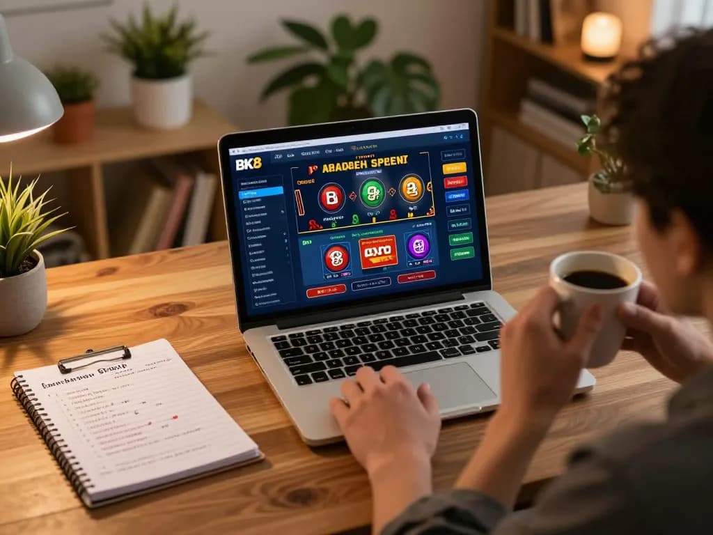 Engaging online gaming session showcasing BK8 interface with strategic betting notes in cozy home setup.