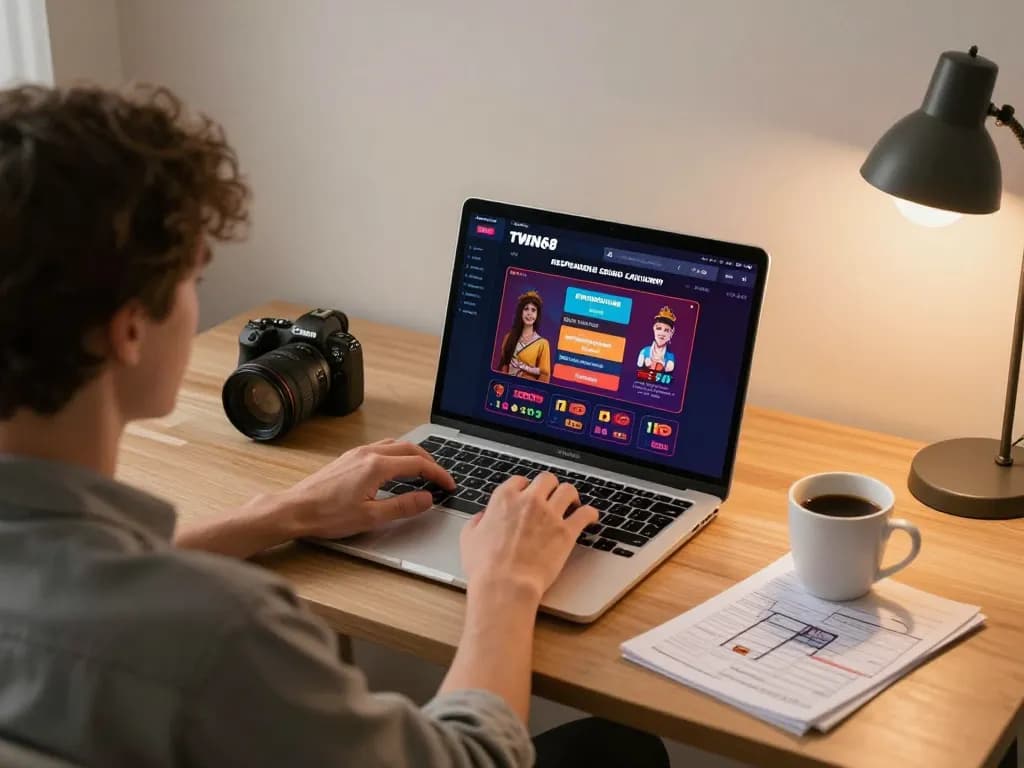 TWIN68 player engaged in online gambling strategy session at home, enjoying gaming on laptop