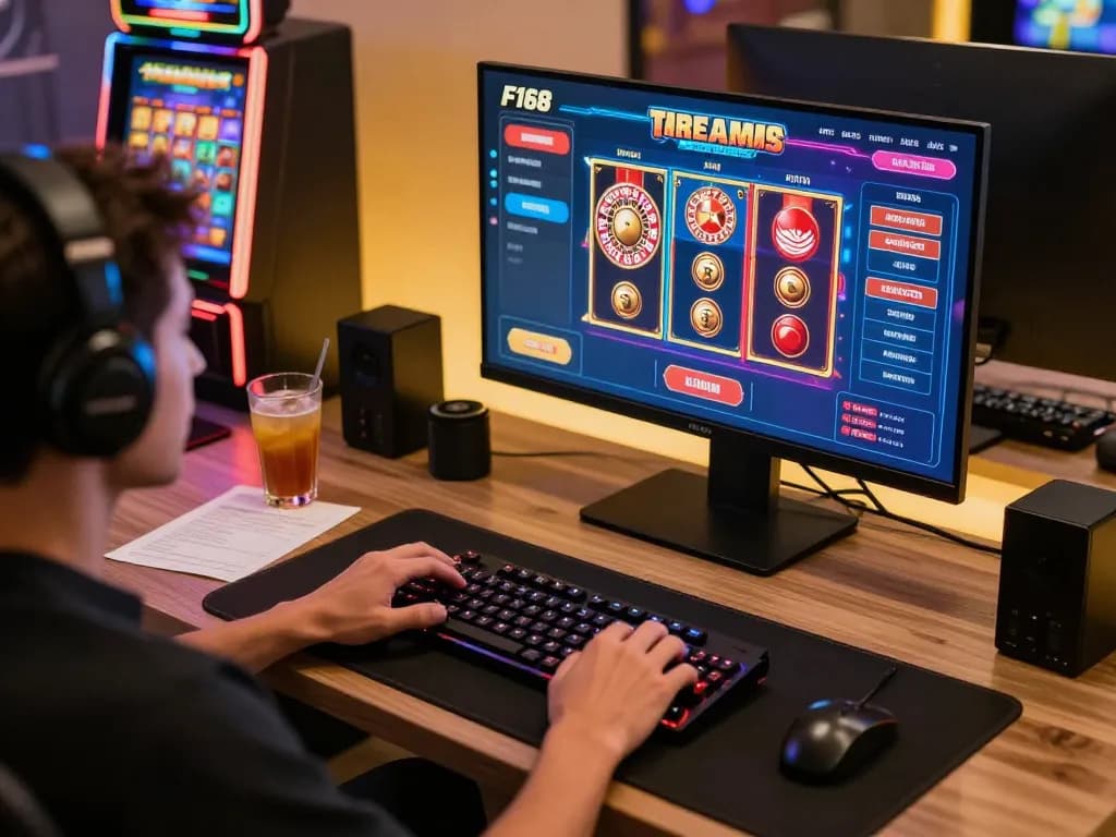 Engaged player experiencing online gambling at https://f168.osaka/ with vibrant casino graphics.