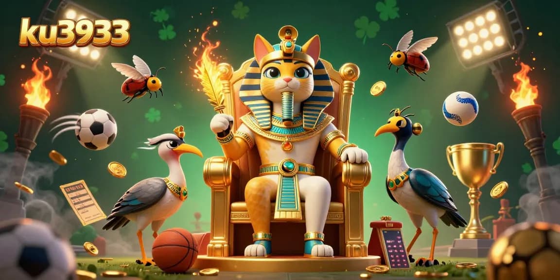 Engage with ku3933's vibrant sports betting scene featuring a pharaoh cat, trophy, and dynamic sports elements.