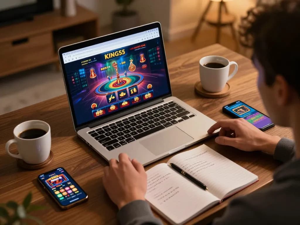 Pengalaman permainan online yang menarik di KING55, menampilkan aplikasi kasino di smartphone dan laptop.